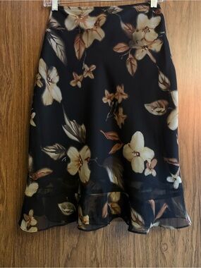 Black Floral A-Line Skirt with Cream & Tan Blooms